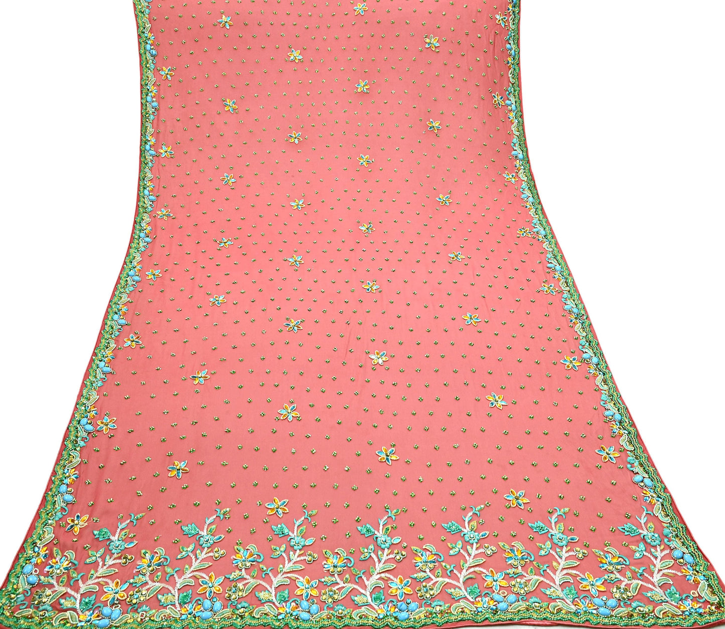 Indian Vintage Heavy Bridal Peach Dupatta Pure Georgette Silk Long Stole Hand Embroidered Scarf Zardozi/Dabka Wedding red Hijab veil Boho