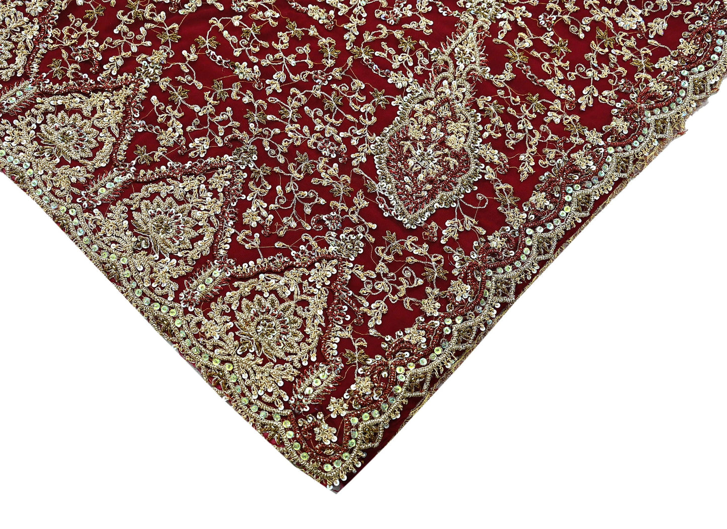 Indian Vintage Heavy Wedding Maroon Dupatta Net Mesh Long Stole Hand Embroidered Scarves Golden Zardozi Zari Sequins Dridal Veil Hijab