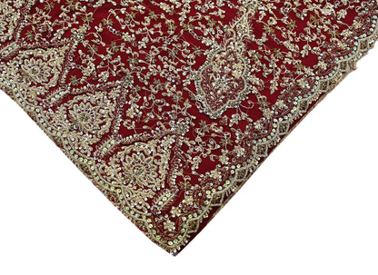 Indian Vintage Heavy Wedding Maroon Dupatta Net Mesh Long Stole Hand Embroidered Scarves Golden Zardozi Zari Sequins Dridal Veil Hijab