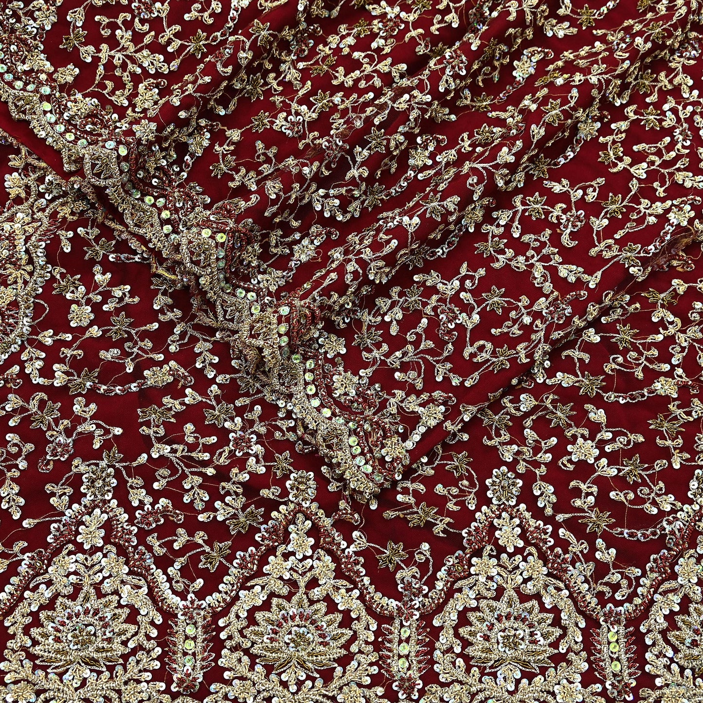 Indian Vintage Heavy Wedding Maroon Dupatta Net Mesh Long Stole Hand Embroidered Scarves Golden Zardozi Zari Sequins Dridal Veil Hijab