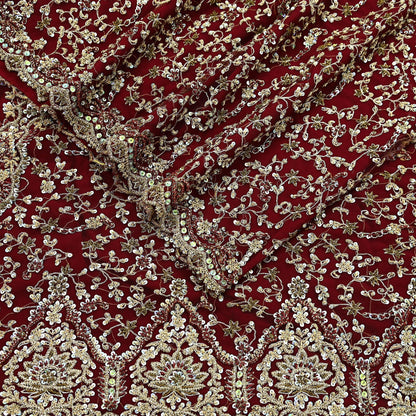 Indian Vintage Heavy Wedding Maroon Dupatta Net Mesh Long Stole Hand Embroidered Scarves Golden Zardozi Zari Sequins Dridal Veil Hijab