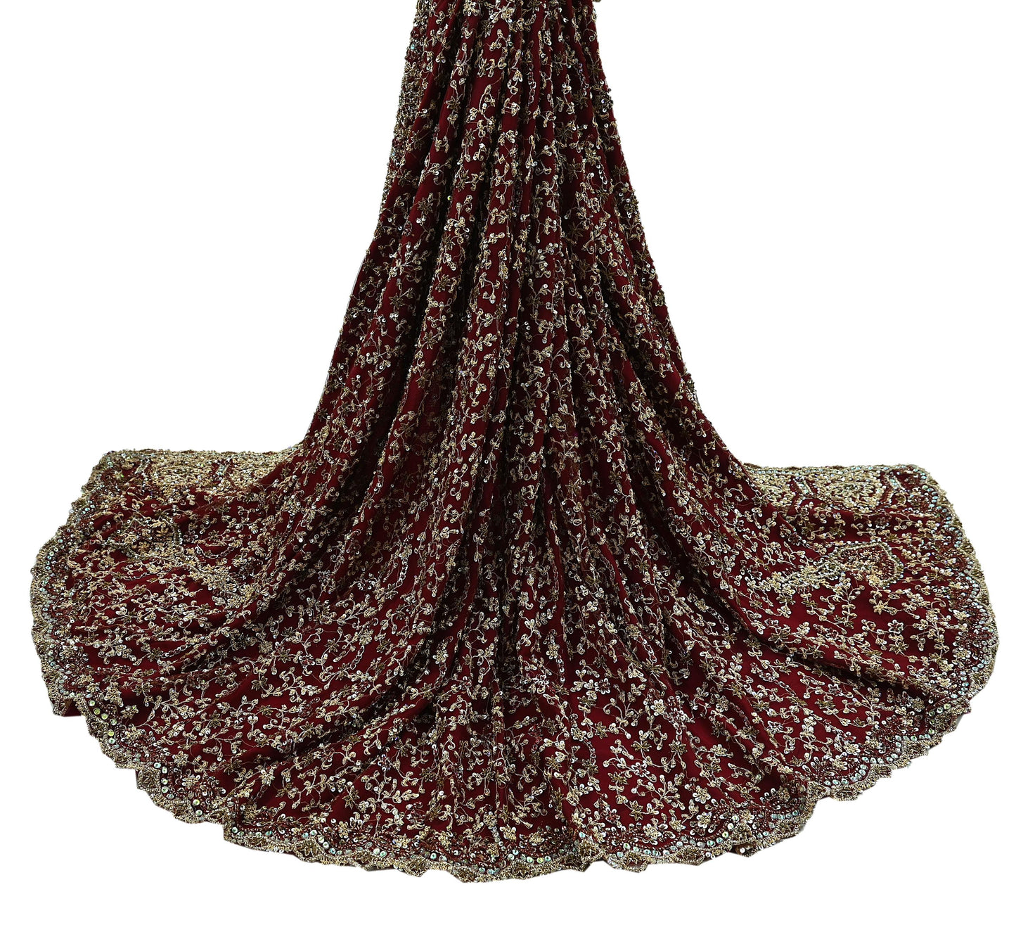 Indian Vintage Heavy Wedding Maroon Dupatta Net Mesh Long Stole Hand Embroidered Scarves Golden Zardozi Zari Sequins Dridal Veil Hijab