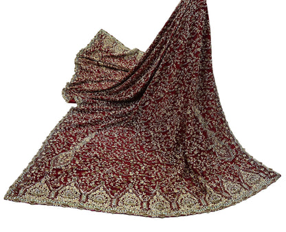 Indian Vintage Heavy Wedding Maroon Dupatta Net Mesh Long Stole Hand Embroidered Scarves Golden Zardozi Zari Sequins Dridal Veil Hijab