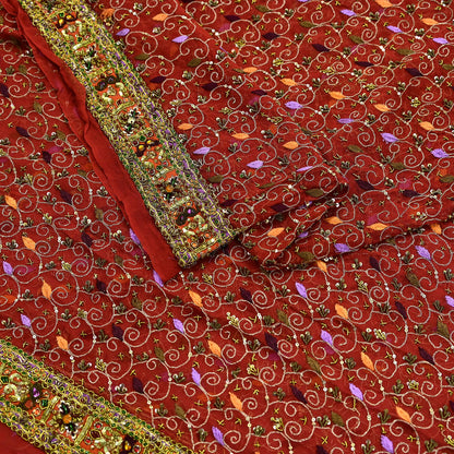Indian Vintage Heavy Bridal Orange Dupatta Pure Georgette Silk Long Stole Hand Embroidered Scarf Zardozi/Dabka Wedding red Hijab veil Boho