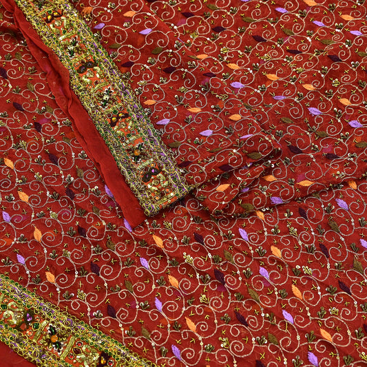 Indian Vintage Heavy Bridal Orange Dupatta Pure Georgette Silk Long Stole Hand Embroidered Scarf Zardozi/Dabka Wedding red Hijab veil Boho