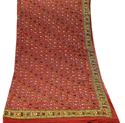 Indian Vintage Heavy Bridal Orange Dupatta Pure Georgette Silk Long Stole Hand Embroidered Scarf Zardozi/Dabka Wedding red Hijab veil Boho