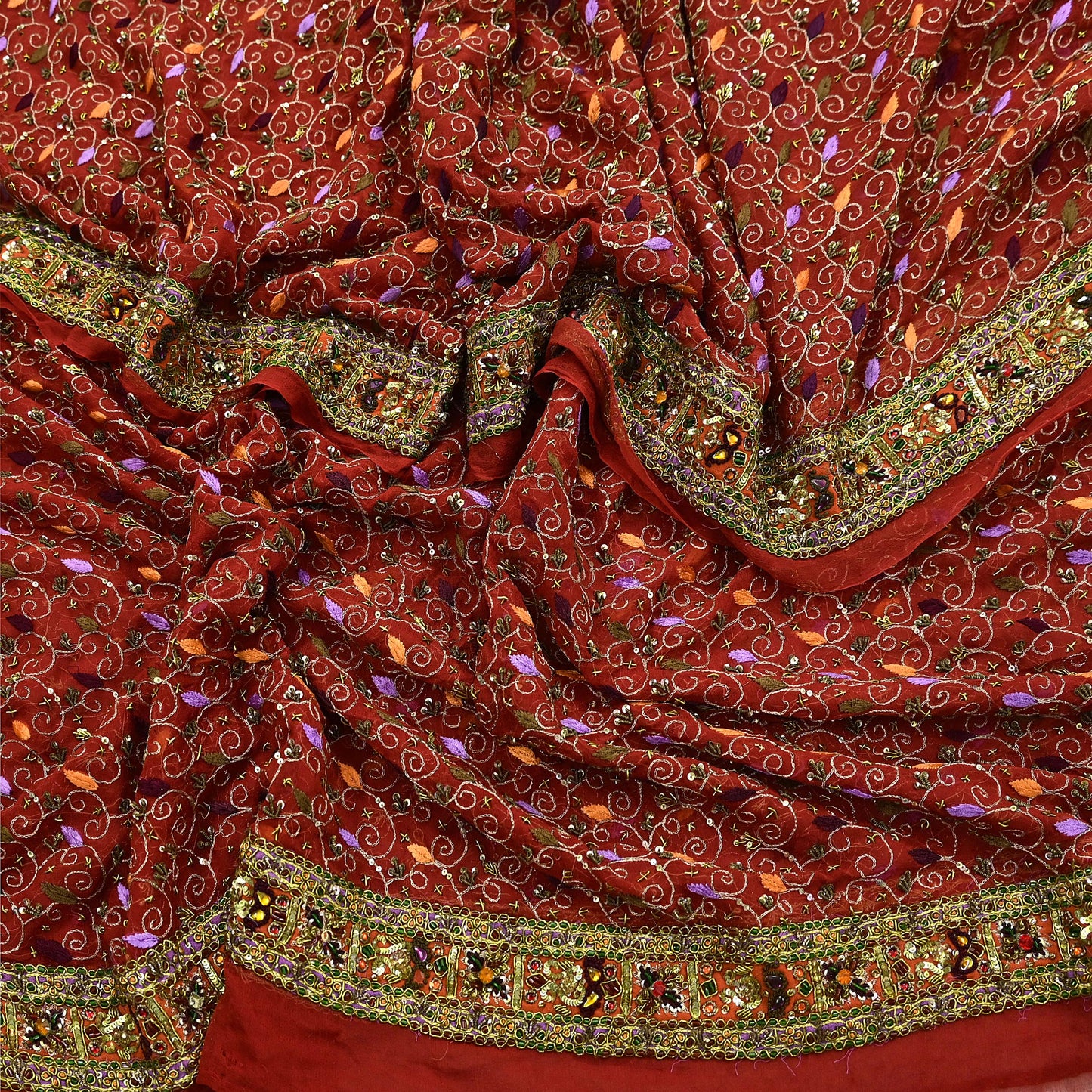 Indian Vintage Heavy Bridal Orange Dupatta Pure Georgette Silk Long Stole Hand Embroidered Scarf Zardozi/Dabka Wedding red Hijab veil Boho