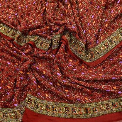 Indian Vintage Heavy Bridal Orange Dupatta Pure Georgette Silk Long Stole Hand Embroidered Scarf Zardozi/Dabka Wedding red Hijab veil Boho