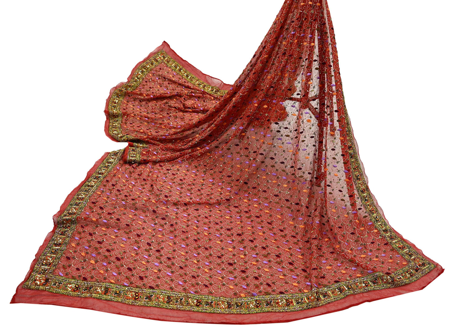 Indian Vintage Heavy Bridal Orange Dupatta Pure Georgette Silk Long Stole Hand Embroidered Scarf Zardozi/Dabka Wedding red Hijab veil Boho