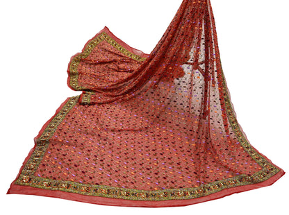 Indian Vintage Heavy Bridal Orange Dupatta Pure Georgette Silk Long Stole Hand Embroidered Scarf Zardozi/Dabka Wedding red Hijab veil Boho