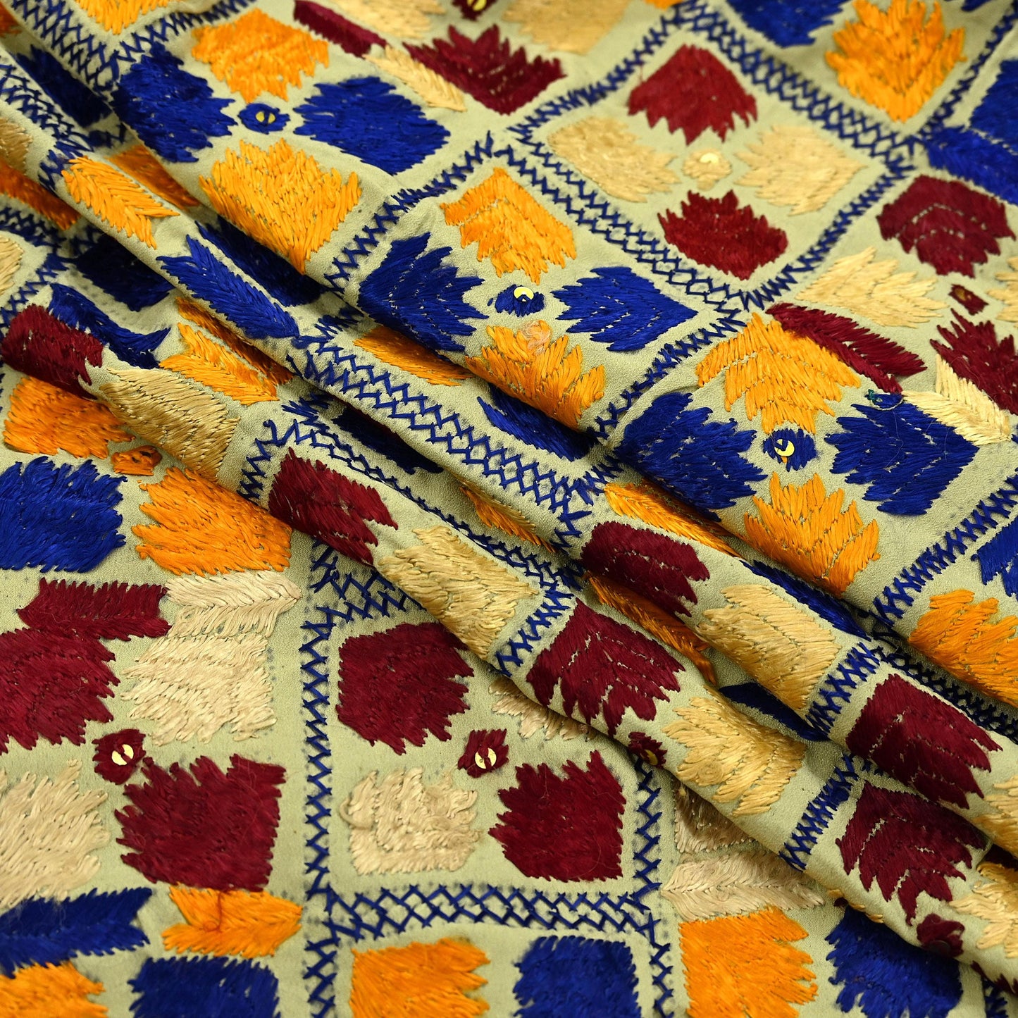 Indian Vintage Beige Heavy Wedding Dupatta Long Stole Crepe Silk Hand Embroidered Bagh Phulkari Stole Scarves