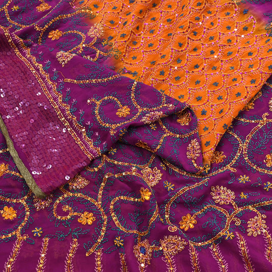 Indian Vintage Dupatta Orange & Purple Long Stole Hand Embroidered kantha stole Pure Georgette Silk Scarves Veil Wrap Soft Floral