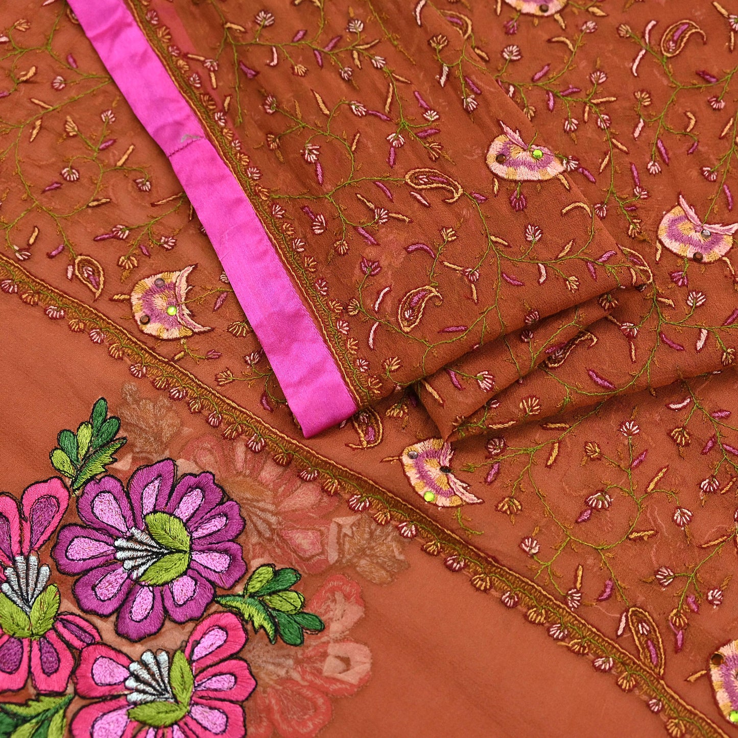 Indian Vintage Dupatta Rusty Long Stole Hand Embroidered Suzani stole Pure Georgette Silk Scarves Veil Wrap Soft Floral