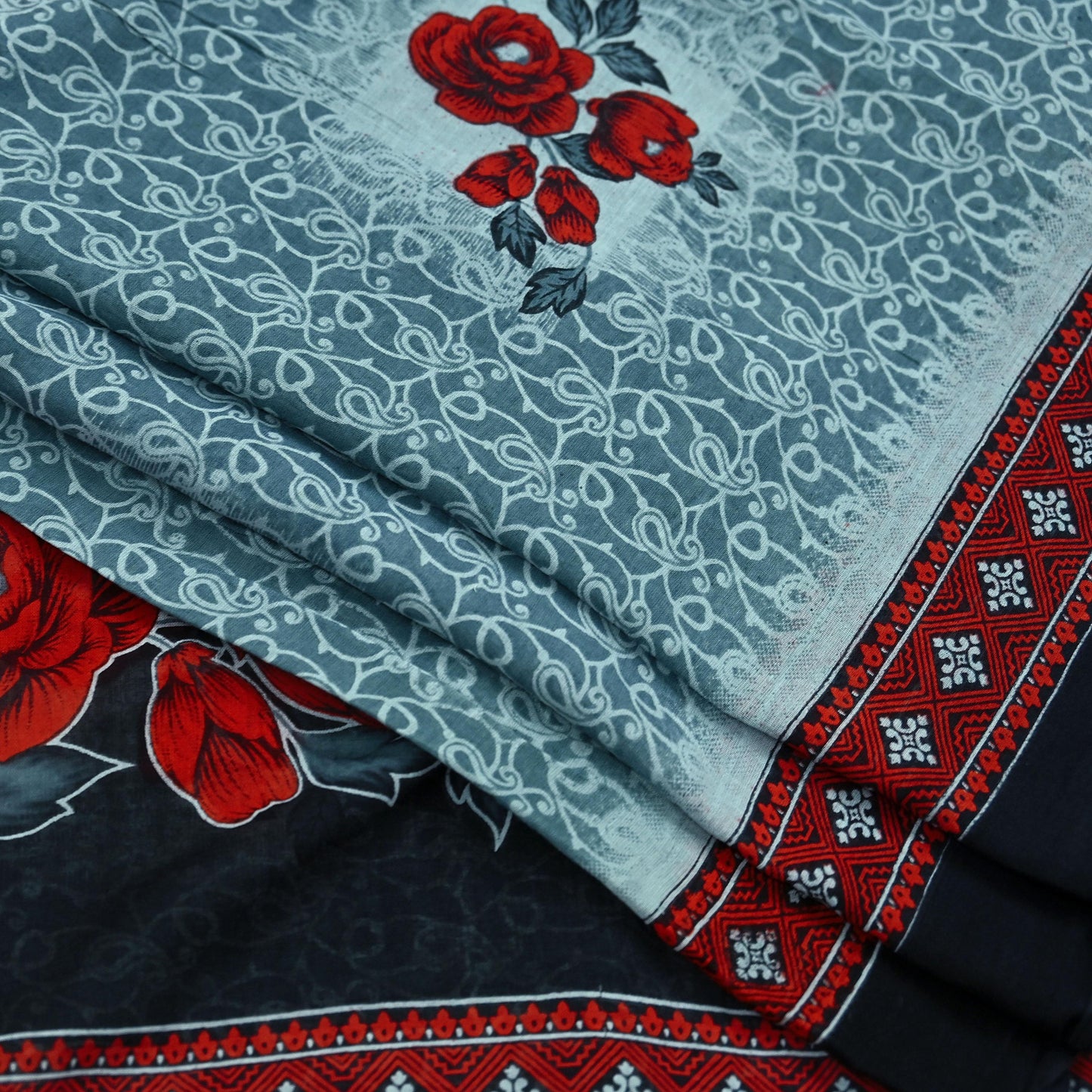 Indian Vintage Sari Red & Gray Printed Pure Cotton Sarees Craft Fabric Soft 5Yd Sewing Sarong Wrap Boho Quilting Crafting Dress making