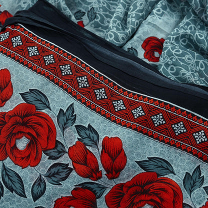 Indian Vintage Sari Red & Gray Printed Pure Cotton Sarees Craft Fabric Soft 5Yd Sewing Sarong Wrap Boho Quilting Crafting Dress making