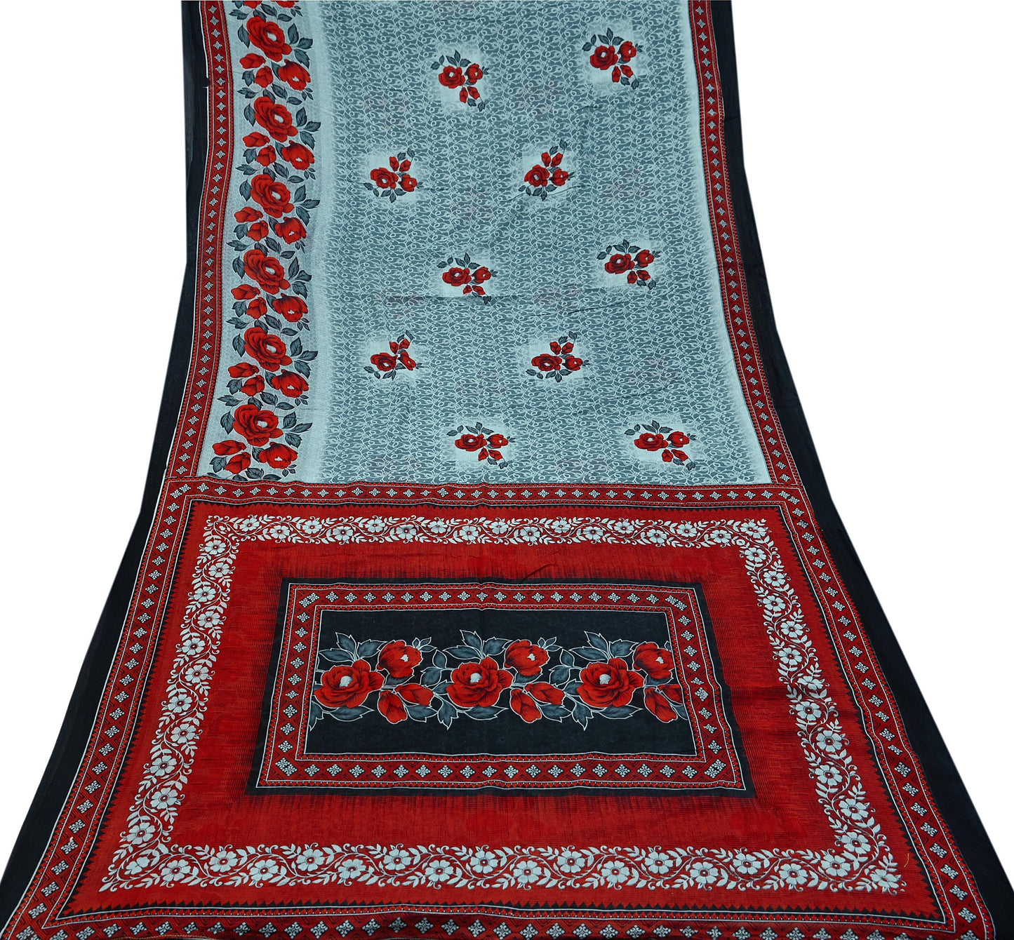 Indian Vintage Sari Red & Gray Printed Pure Cotton Sarees Craft Fabric Soft 5Yd Sewing Sarong Wrap Boho Quilting Crafting Dress making