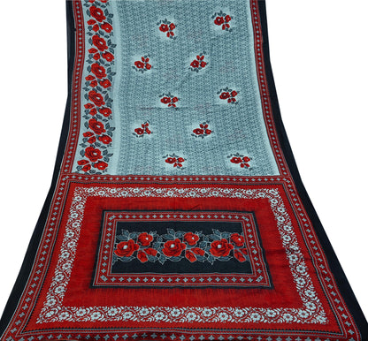 Indian Vintage Sari Red & Gray Printed Pure Cotton Sarees Craft Fabric Soft 5Yd Sewing Sarong Wrap Boho Quilting Crafting Dress making