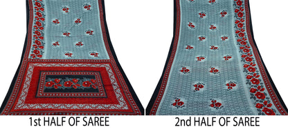 Indian Vintage Sari Red & Gray Printed Pure Cotton Sarees Craft Fabric Soft 5Yd Sewing Sarong Wrap Boho Quilting Crafting Dress making