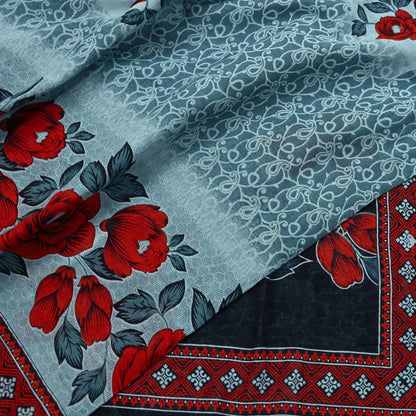 Indian Vintage Sari Red & Gray Printed Pure Cotton Sarees Craft Fabric Soft 5Yd Sewing Sarong Wrap Boho Quilting Crafting Dress making