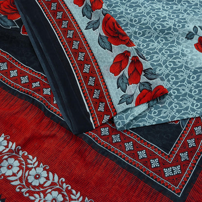 Indian Vintage Sari Red & Gray Printed Pure Cotton Sarees Craft Fabric Soft 5Yd Sewing Sarong Wrap Boho Quilting Crafting Dress making