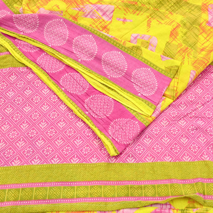 Indian Vintage Sari Pink & Yellow Printed 100% Pure Cotton Saree Craft Fabric 5Yd Soft Sewing Sarong Wrap Boho