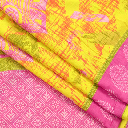 Indian Vintage Sari Pink & Yellow Printed 100% Pure Cotton Saree Craft Fabric 5Yd Soft Sewing Sarong Wrap Boho