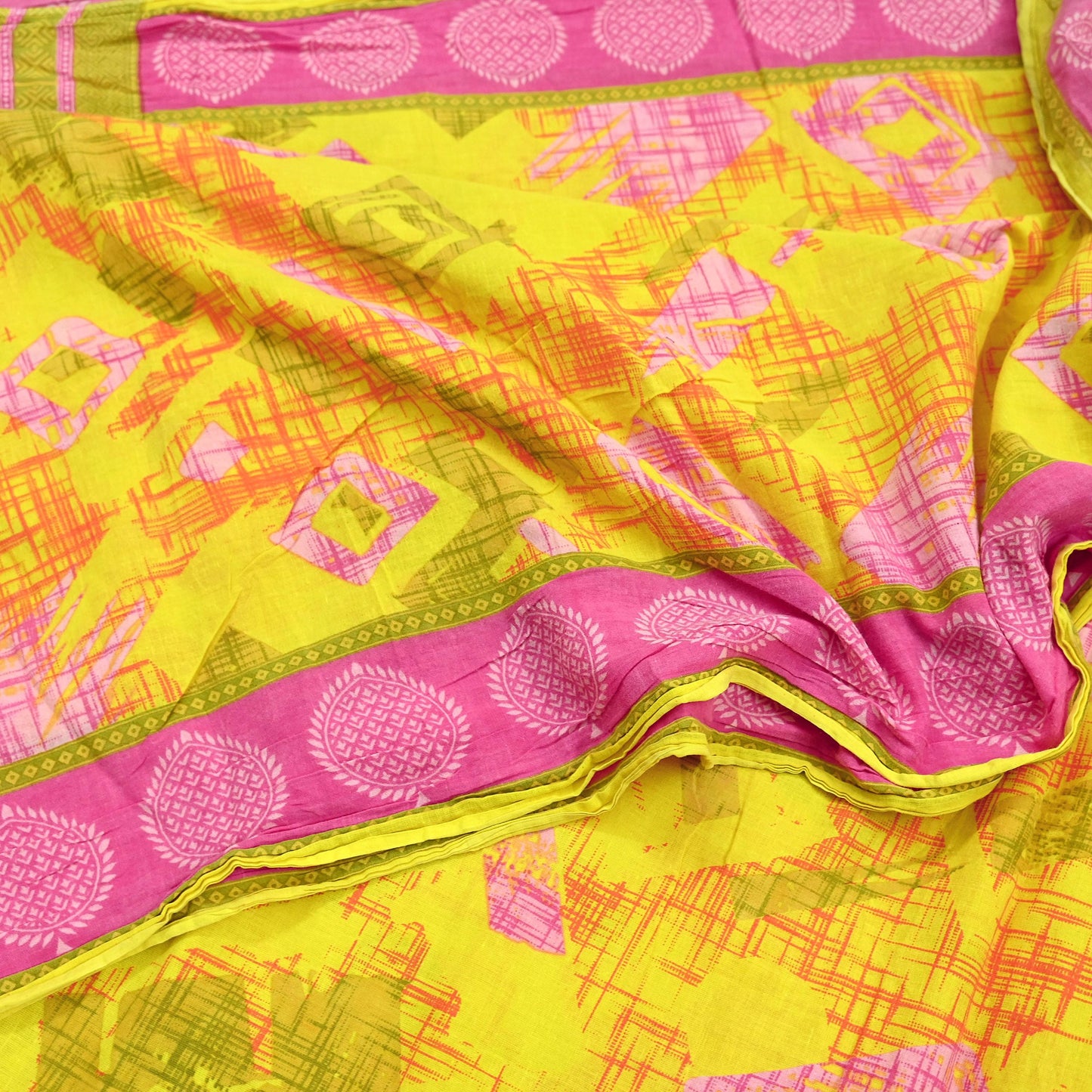 Indian Vintage Sari Pink & Yellow Printed 100% Pure Cotton Saree Craft Fabric 5Yd Soft Sewing Sarong Wrap Boho