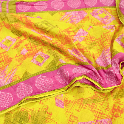 Indian Vintage Sari Pink & Yellow Printed 100% Pure Cotton Saree Craft Fabric 5Yd Soft Sewing Sarong Wrap Boho