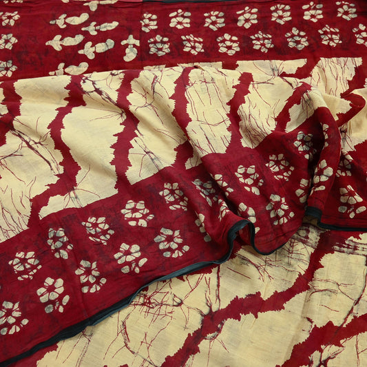Indian Vintage Maroon & Beige Saree Printed 100% Pure Cotton Sari Craft Fabric 5Yd Soft Sewing Sarong Wrap Dress Making Quilting Crafting