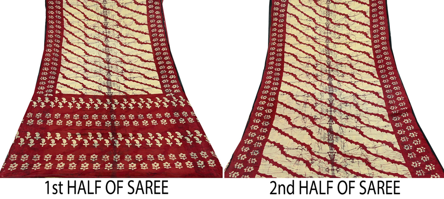 Indian Vintage Maroon & Beige Saree Printed 100% Pure Cotton Sari Craft Fabric 5Yd Soft Sewing Sarong Wrap Dress Making Quilting Crafting