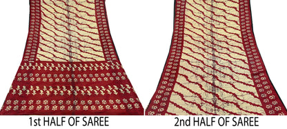 Indian Vintage Maroon & Beige Saree Printed 100% Pure Cotton Sari Craft Fabric 5Yd Soft Sewing Sarong Wrap Dress Making Quilting Crafting
