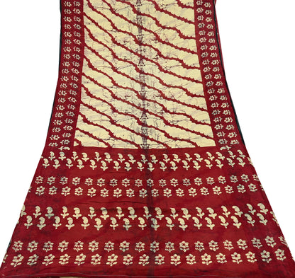 Indian Vintage Maroon & Beige Saree Printed 100% Pure Cotton Sari Craft Fabric 5Yd Soft Sewing Sarong Wrap Dress Making Quilting Crafting