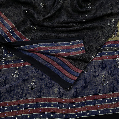 Indian Vintage Sari Pure Crepe Silk Hand Embroidered Sarees 5yd Sewing Floral Craft Sequins Dress making Crafting Quilting