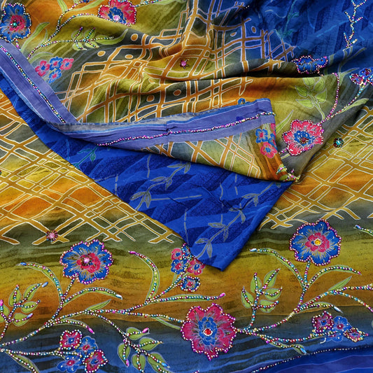 Indian Vintage Sari Blue & Beige Pure Crepe Silk Hand Embroidered Sarees 5yd Sewing Floral Craft Sequins Dress making Crafting Quilting