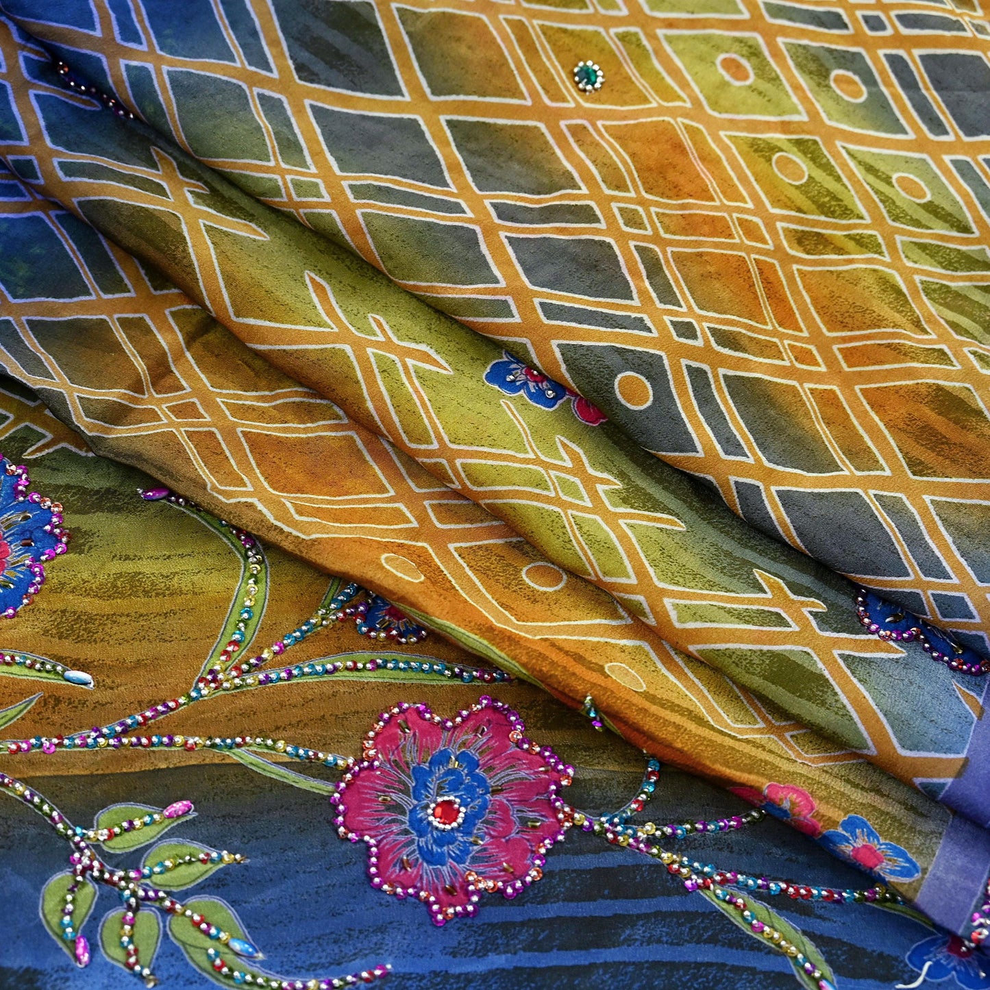 Indian Vintage Sari Blue & Beige Pure Crepe Silk Hand Embroidered Sarees 5yd Sewing Floral Craft Sequins Dress making Crafting Quilting