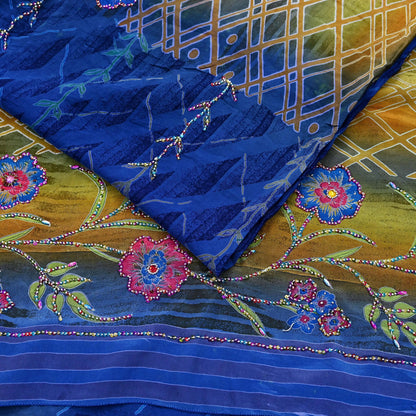 Indian Vintage Sari Blue & Beige Pure Crepe Silk Hand Embroidered Sarees 5yd Sewing Floral Craft Sequins Dress making Crafting Quilting