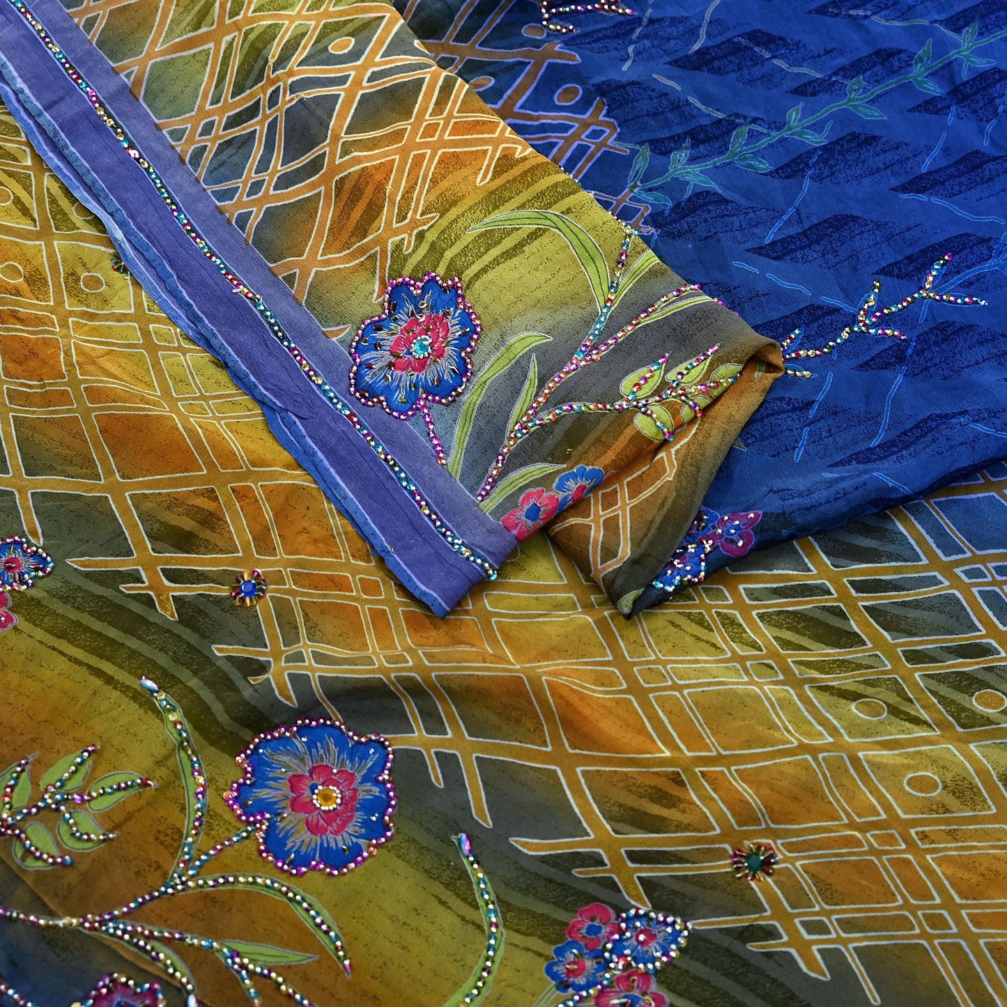 Indian Vintage Sari Blue & Beige Pure Crepe Silk Hand Embroidered Sarees 5yd Sewing Floral Craft Sequins Dress making Crafting Quilting