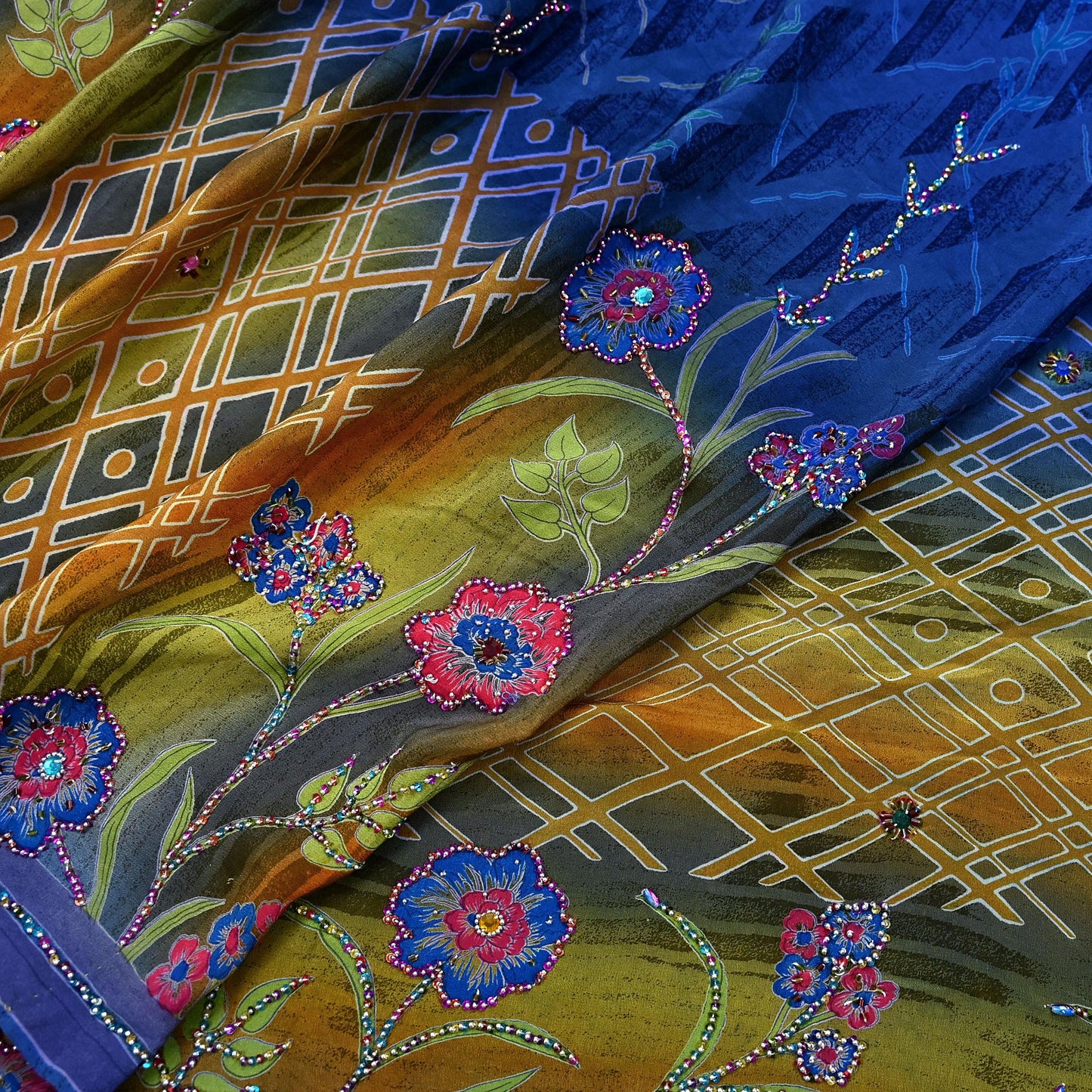 Indian Vintage Sari Blue & Beige Pure Crepe Silk Hand Embroidered Sarees 5yd Sewing Floral Craft Sequins Dress making Crafting Quilting