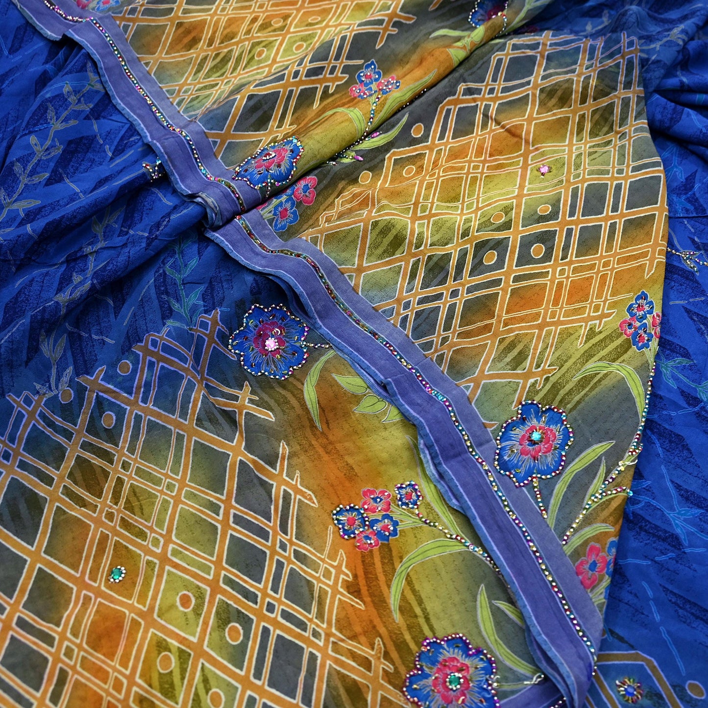 Indian Vintage Sari Blue & Beige Pure Crepe Silk Hand Embroidered Sarees 5yd Sewing Floral Craft Sequins Dress making Crafting Quilting