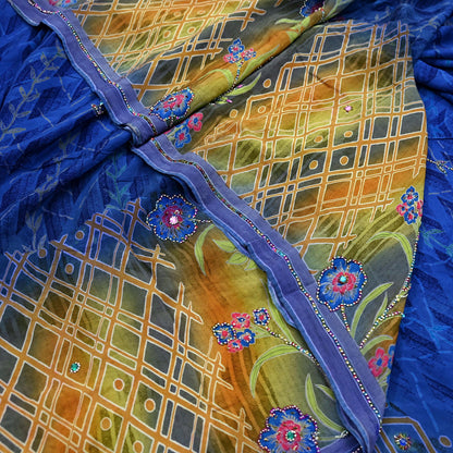 Indian Vintage Sari Blue & Beige Pure Crepe Silk Hand Embroidered Sarees 5yd Sewing Floral Craft Sequins Dress making Crafting Quilting