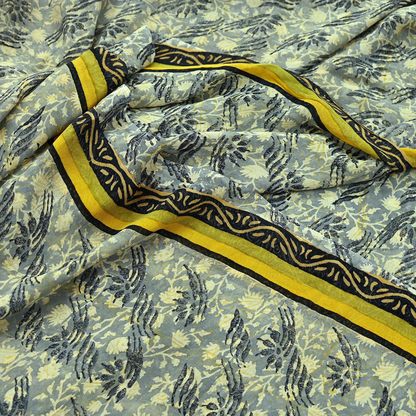Indian Vintage Sari Gray & Yellow Pure Georgette Silk Printed Sarees 5Yd Craft Fabric Sewing Quilting Dress making Crafting Quilting Upcycle