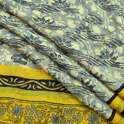 Indian Vintage Sari Gray & Yellow Pure Georgette Silk Printed Sarees 5Yd Craft Fabric Sewing Quilting Dress making Crafting Quilting Upcycle