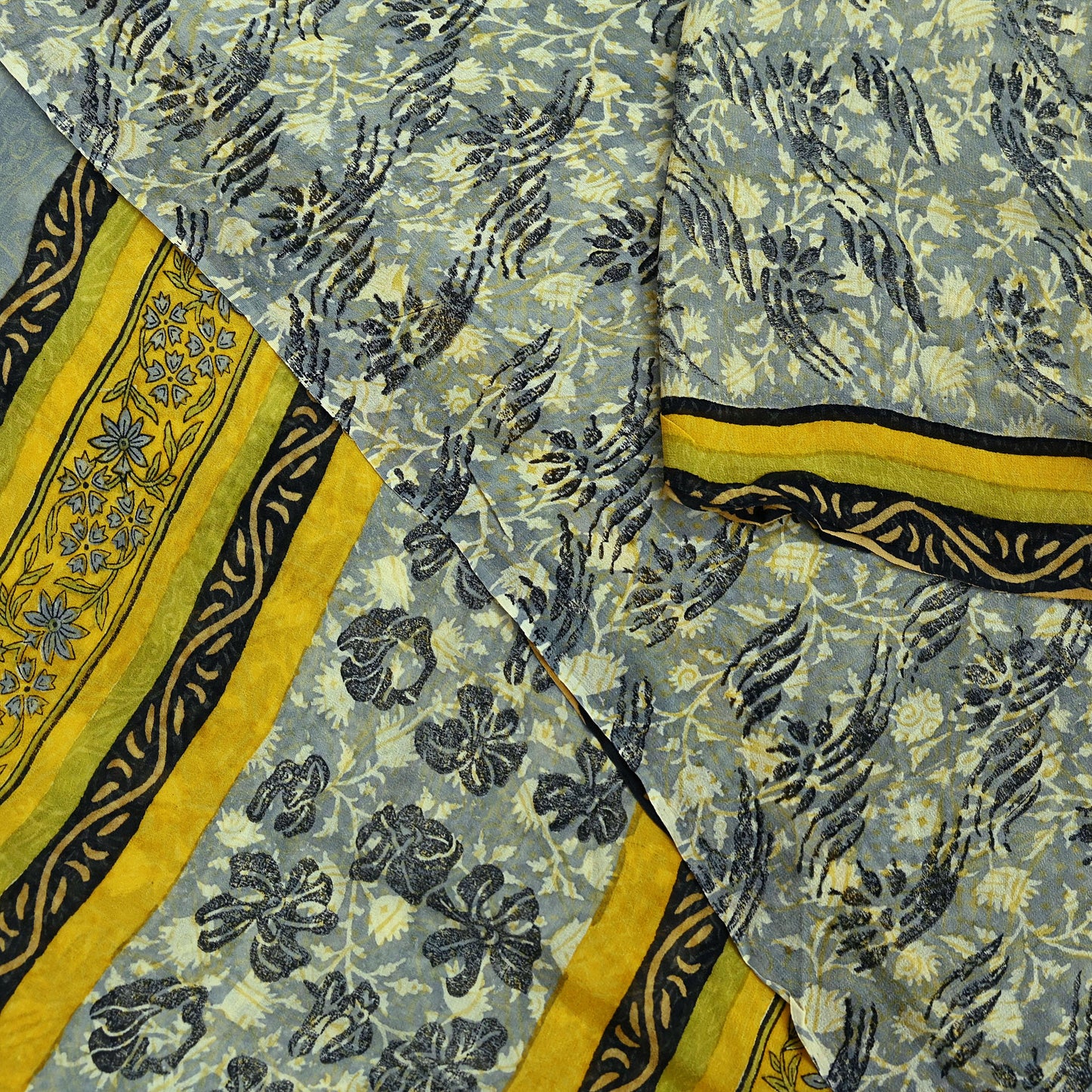Indian Vintage Sari Gray & Yellow Pure Georgette Silk Printed Sarees 5Yd Craft Fabric Sewing Quilting Dress making Crafting Quilting Upcycle