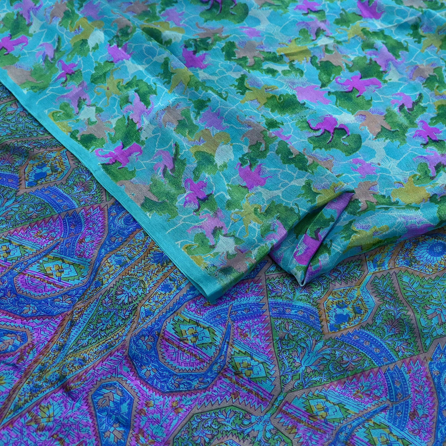 Indian Vintage Sari Blue Pure Silk Printed Sarees 5yd Sewing Craft Fabric Soft Dress Making Wrap Paisley Upcycle Quilting Crafting