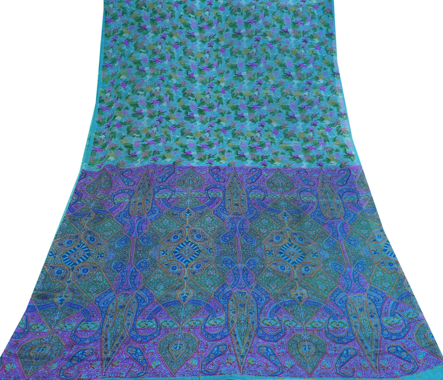 Indian Vintage Sari Blue Pure Silk Printed Sarees 5yd Sewing Craft Fabric Soft Dress Making Wrap Paisley Upcycle Quilting Crafting