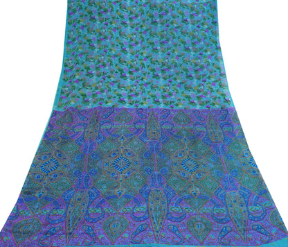 Indian Vintage Sari Blue Pure Silk Printed Sarees 5yd Sewing Craft Fabric Soft Dress Making Wrap Paisley Upcycle Quilting Crafting