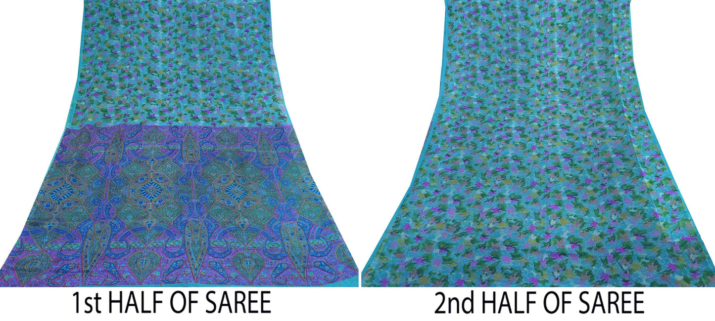 Indian Vintage Sari Blue Pure Silk Printed Sarees 5yd Sewing Craft Fabric Soft Dress Making Wrap Paisley Upcycle Quilting Crafting