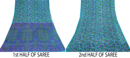 Indian Vintage Sari Blue Pure Silk Printed Sarees 5yd Sewing Craft Fabric Soft Dress Making Wrap Paisley Upcycle Quilting Crafting