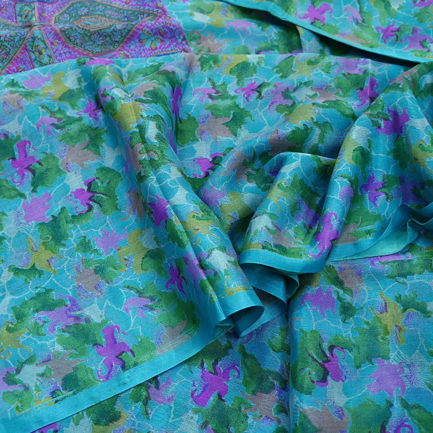 Indian Vintage Sari Blue Pure Silk Printed Sarees 5yd Sewing Craft Fabric Soft Dress Making Wrap Paisley Upcycle Quilting Crafting