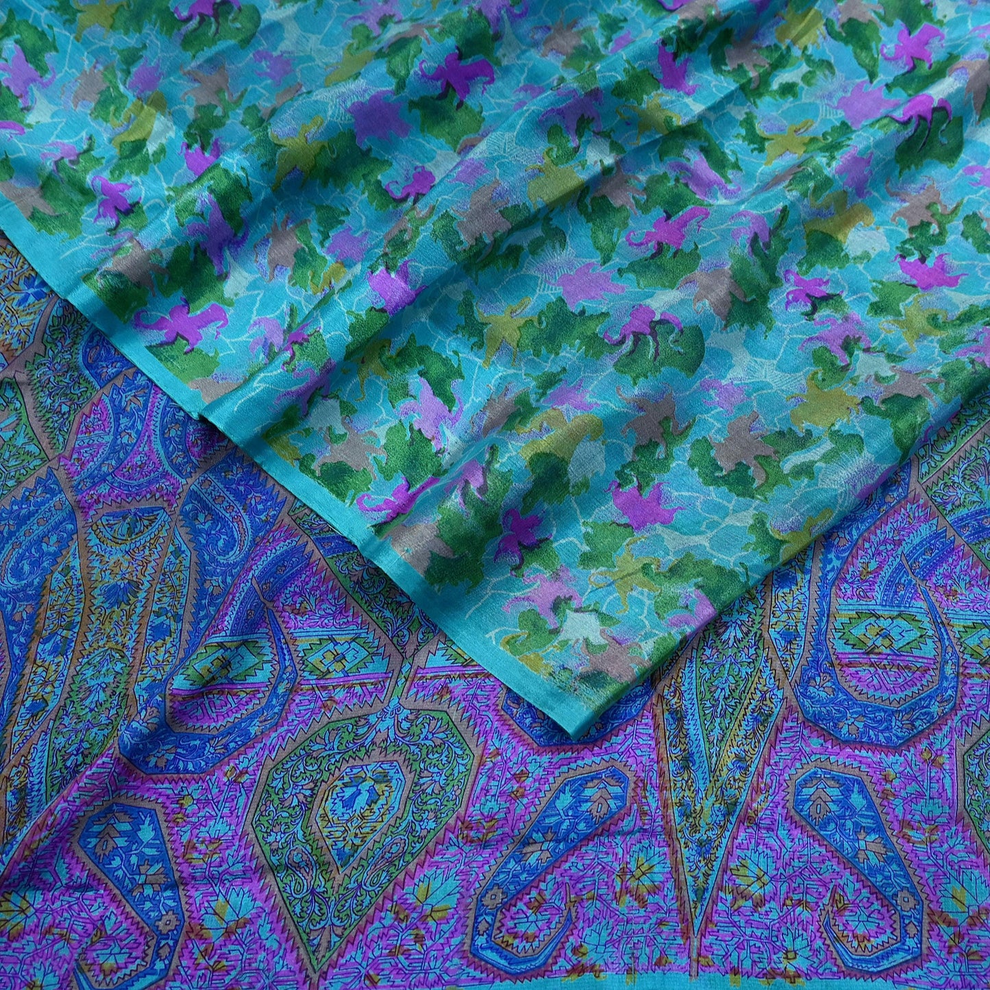 Indian Vintage Sari Blue Pure Silk Printed Sarees 5yd Sewing Craft Fabric Soft Dress Making Wrap Paisley Upcycle Quilting Crafting